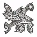 polynesian style tattoo, arm sleeves, shark, black and white thick lines, stencil design, drawing tattoo design idea