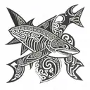 polynesian style tattoo, arm sleeves, shark, black and white thick lines, stencil design, drawing tattoo design idea