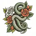 snake and 3 roses wrapped tattoo design idea