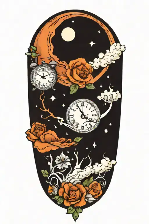 a clock and a full moon tattoo design idea