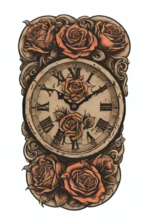 a clock with roses wrapped round with the name Eimybel somewhere tattoo design idea