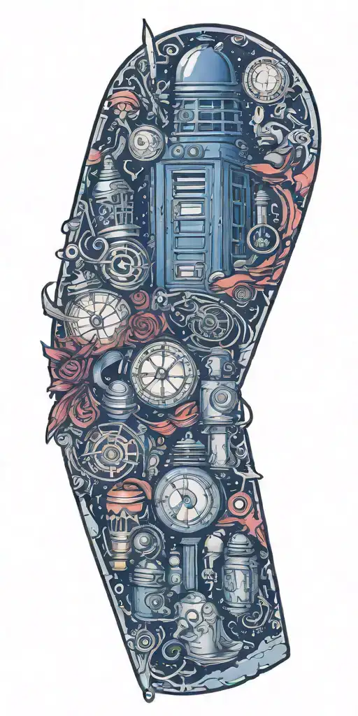 A tattoo design inspired by nerd culture icons, featuring elements from Doctor Who, LOTR, and HHG2G tattoo design idea