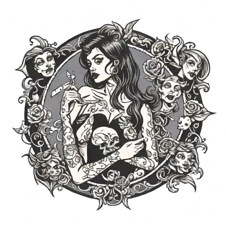 a four quadrant tattoo that has one pinup girl personifying each of the following: adhd, anxiety, autism, and depression tattoo design idea