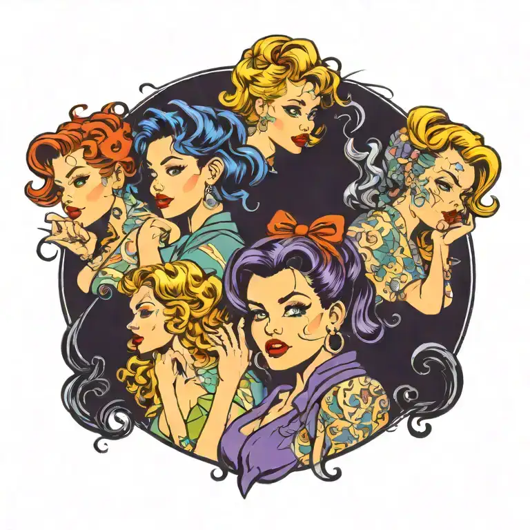 a set of 4 pinup girls. one personifies anxiety, one adhd, one autism, one depression  tattoo design idea