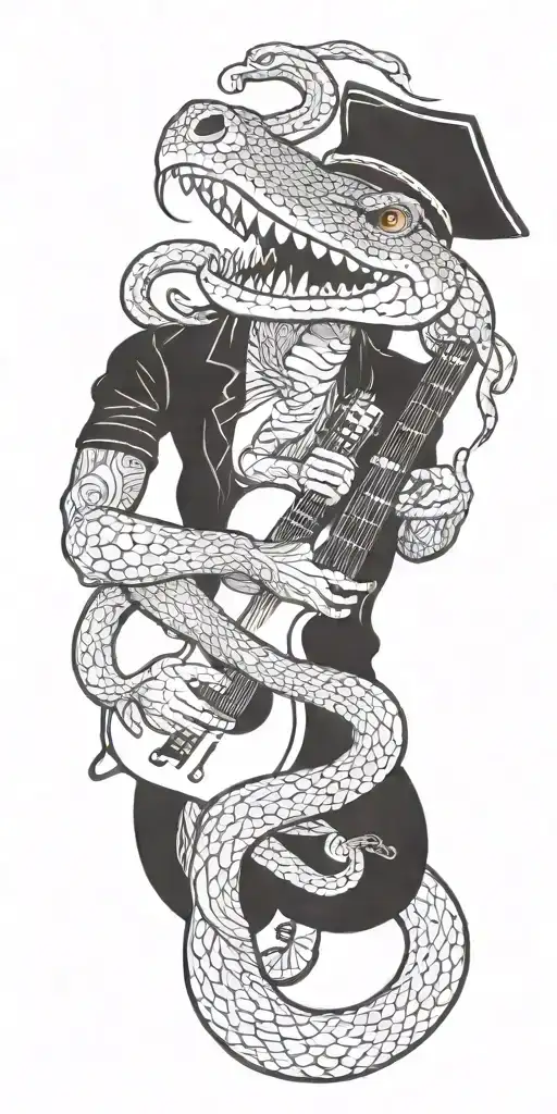 A comedic snake juggling guitars with a teacher's cap on, symbolizing the client's occupation and interests tattoo design idea