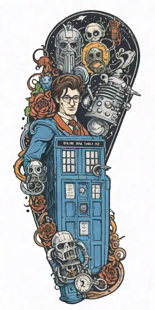 A tattoo design inspired by nerd culture icons, featuring elements from Doctor Who, LOTR, and HHG2G tattoo design idea