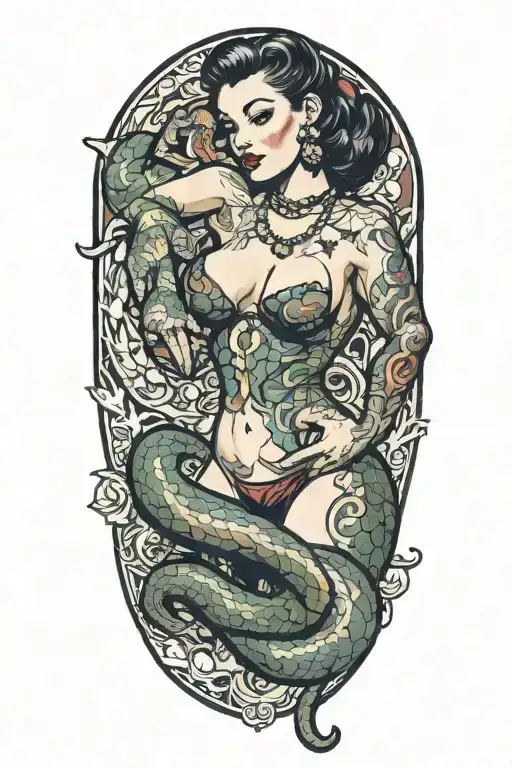 pinup girl with a snake curling around her strategically covering her eroginous zones tattoo design idea