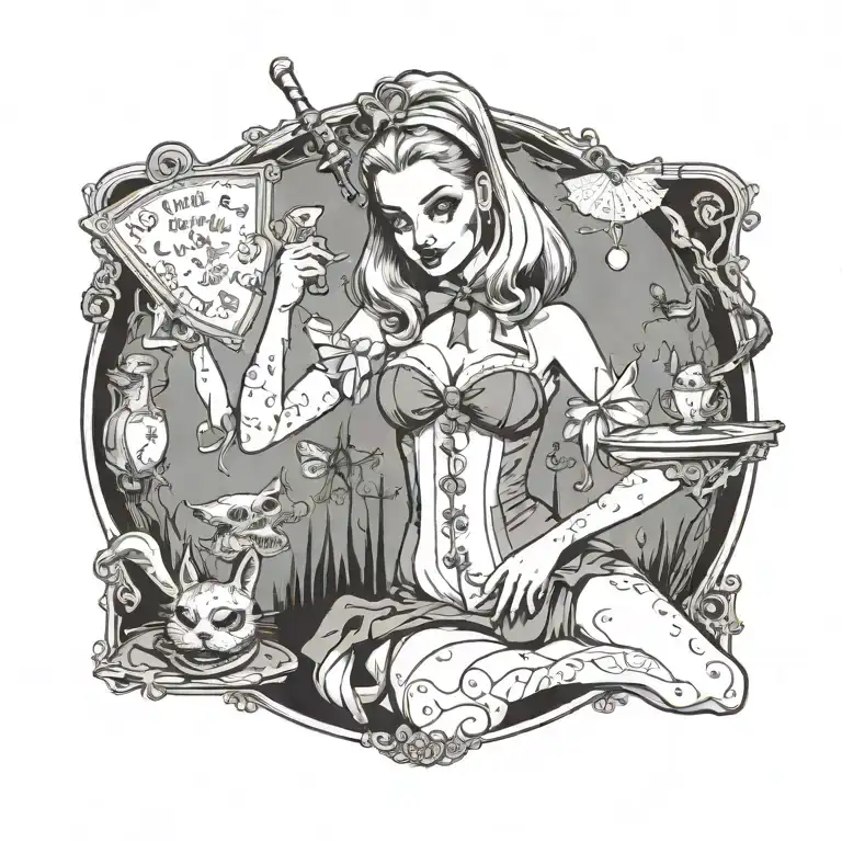 Alice in Wonderland pinup girl bikini tattoo design idea