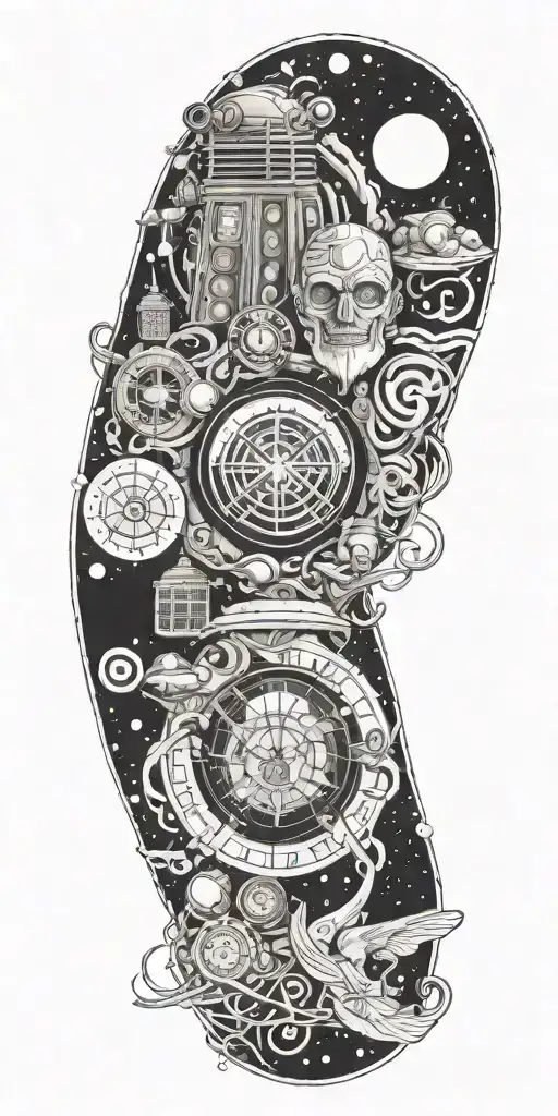 A tattoo design inspired by nerd culture icons, featuring elements from Doctor Who, LOTR, and HHG2G tattoo design idea