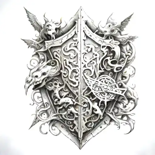 A heavy metal inspired shield with dnd creatures battling on it tattoo design idea