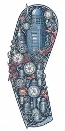 A tattoo design inspired by nerd culture icons, featuring elements from Doctor Who, LOTR, and HHG2G tattoo design idea