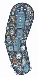A tattoo design inspired by nerd culture icons, featuring elements from Doctor Who, LOTR, and HHG2G tattoo design idea