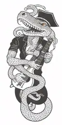 A comedic snake juggling guitars with a teacher's cap on, symbolizing the client's occupation and interests tattoo design idea