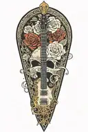A Les Paul guitar transformed into a magical sword wielded by a D&D character tattoo design idea