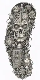 A tattoo design inspired by nerd culture icons, featuring elements from Doctor Who, LOTR, and HHG2G tattoo design idea