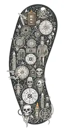 A tattoo design inspired by nerd culture icons, featuring elements from Doctor Who, LOTR, and HHG2G tattoo design idea