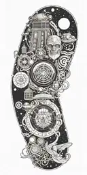 A tattoo design inspired by nerd culture icons, featuring elements from Doctor Who, LOTR, and HHG2G tattoo design idea