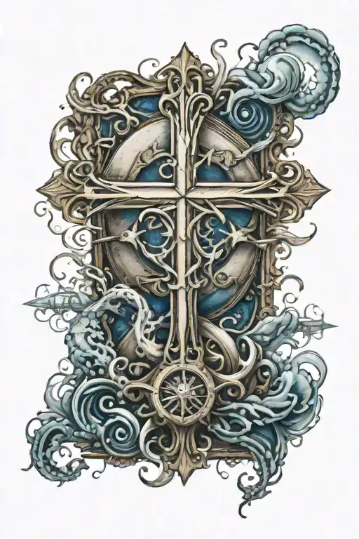 nautical cross surrounded by the deep ocean tattoo design idea