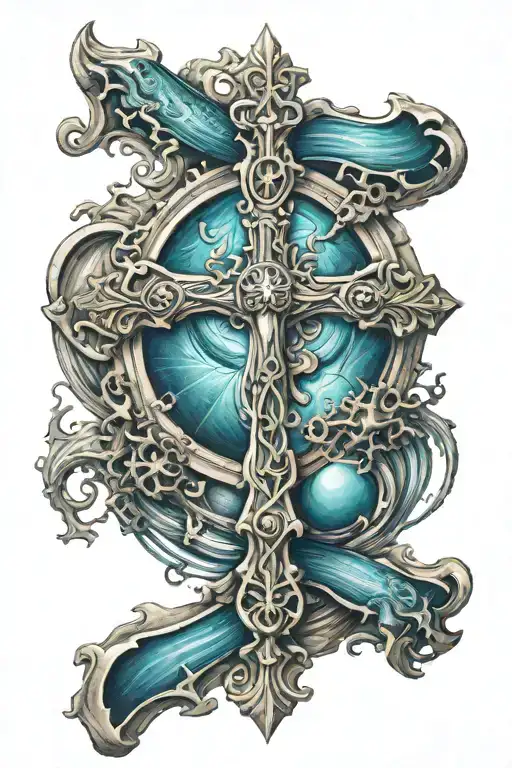 nautical cross surrounded by the deep ocean tattoo design idea