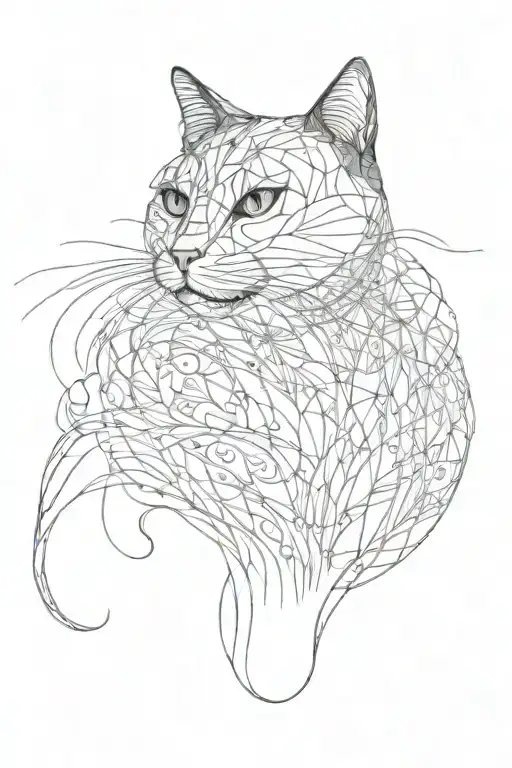An elegant composition of flowing lines and airy elements forming a graceful silhouette of a cat, reflecting the artist's love for meticulous details tattoo design idea