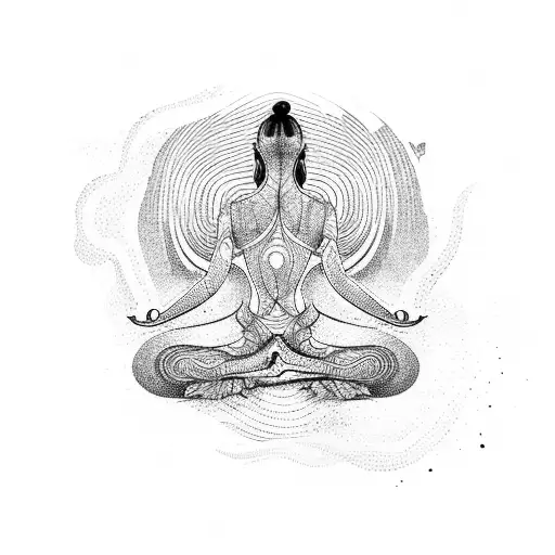 A dotwork tattoo of a person doing yoga on a beach with psychedelic waves crashing in the background tattoo design idea