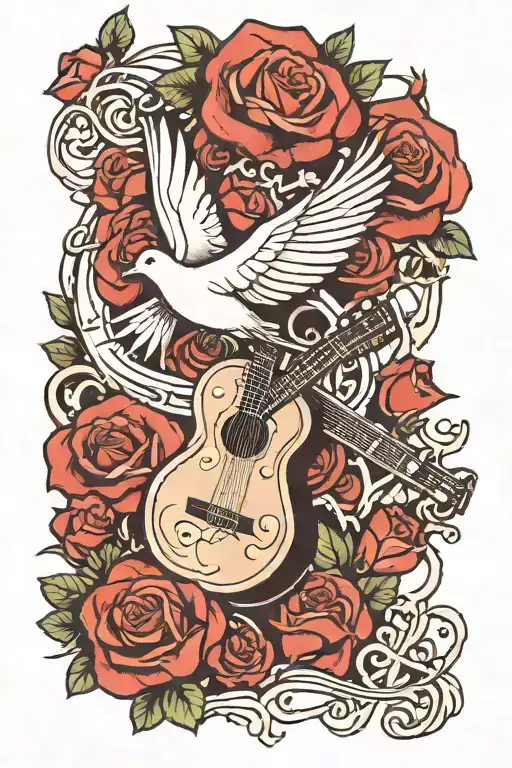 dove and rose and cross and guitar   tattoo design idea