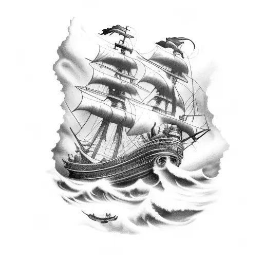 Pirate ship traveling through a thunder storm with posiedon overlooking tattoo design idea