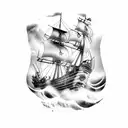 Pirate ship traveling through a thunder storm with posiedon overlooking tattoo design idea