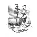 Pirate ship traveling through a thunder storm with posiedon overlooking tattoo design idea