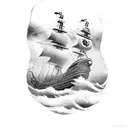 Pirate ship traveling through a thunder storm with posiedon overlooking tattoo design idea
