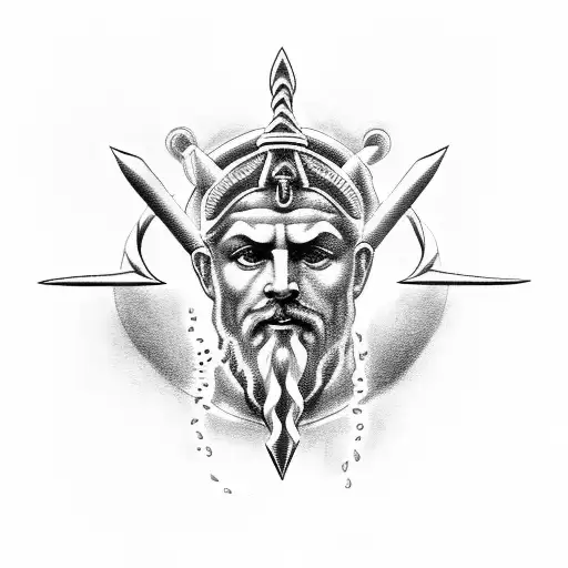 Zeus holding trident, with lightning coming out of his eyes, in the sea tattoo design idea