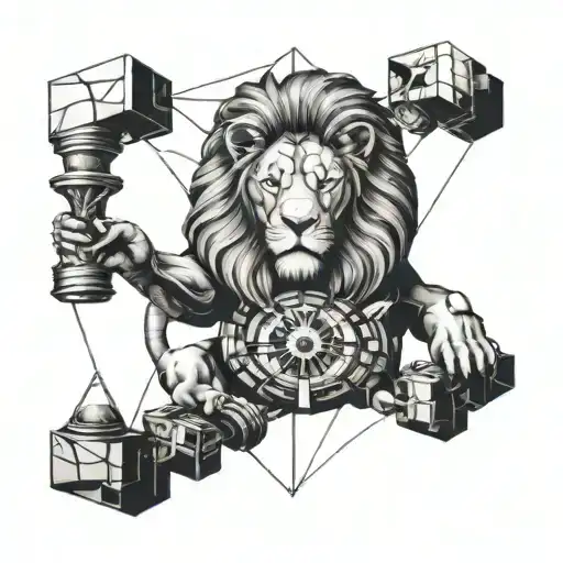 A futuristic lion with interstellar elements, holding an hourglass symbolizing the passage of time, in a puzzle warrior theme tattoo design idea