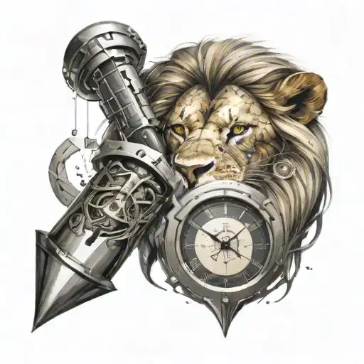 A futuristic lion with interstellar elements, holding an hourglass symbolizing the passage of time, in a puzzle warrior theme tattoo design idea