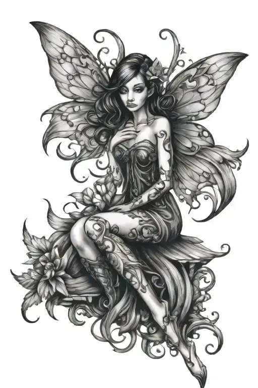 alternative fairy sitting tattoo design idea