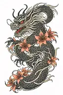 Japanese dragon with red and black spider lily flower tattoo design idea