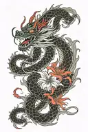 Japanese dragon with red and black spider lily flower tattoo design idea