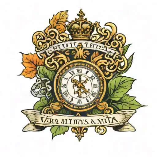 maplestory leaf with celtic knot inside coat of arms with clock and banner that says "Via Veritas Vita" tattoo design idea