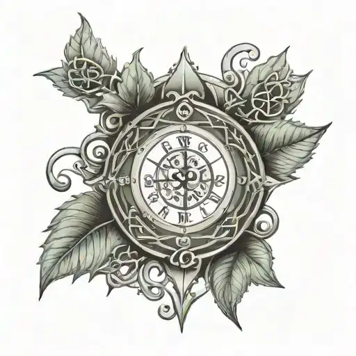 maplestory leaf with celtic knot inside coat of arms with clock and banner that says "Via Veritas Vita" tattoo design idea