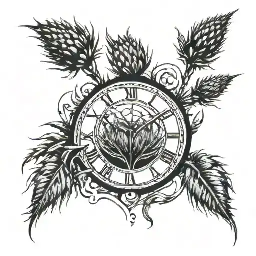 scottish thistle with clock inside and wheat field tattoo design idea