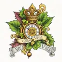 maplestory leaf with celtic knot inside coat of arms with clock and banner that says "Via Veritas Vita" tattoo design idea