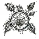 scottish thistle with clock inside and wheat field tattoo design idea