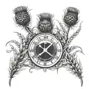 scottish thistle with clock inside and wheat field tattoo design idea
