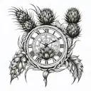 scottish thistle with clock inside and wheat field tattoo design idea