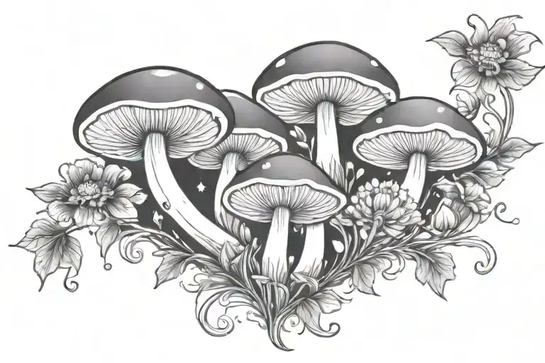 mushrooms and flowers growing and blooming spread out with sparkles tattoo design idea