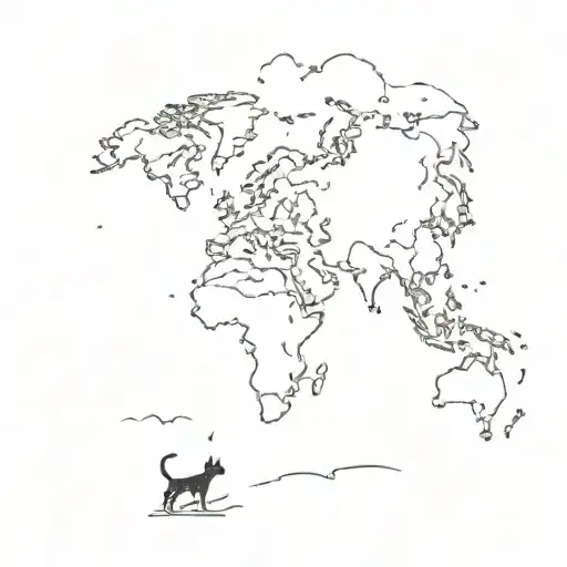 A minimalist outline of a world map with a tiny cat silhouette in each country visited on the world tour tattoo design idea