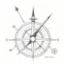 A minimalist compass design with the needle pointing towards the next destination on the world tour tattoo design idea