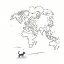 A minimalist outline of a world map with a tiny cat silhouette in each country visited on the world tour tattoo design idea