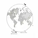 A minimalist outline of a world map with a tiny cat silhouette in each country visited on the world tour tattoo design idea