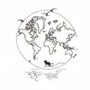 A minimalist outline of a world map with a tiny cat silhouette in each country visited on the world tour tattoo design idea