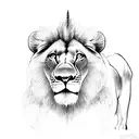 half the lion face on one side of the cross and lamb on the other side tattoo design idea